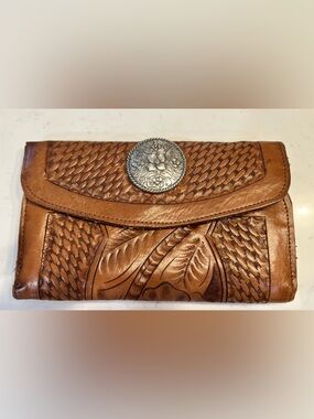 Hand-Tooled Tan Leather Wallet Clutch with Decorative Silver Concho